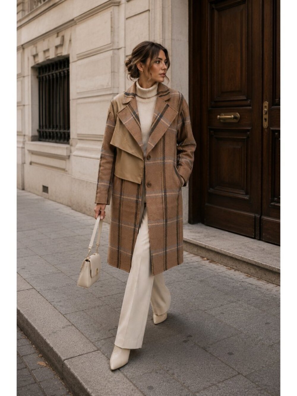 BLANCORE Plaid Wool Coat XS Brown Leather Panel Long Jacket Minimalist Chic